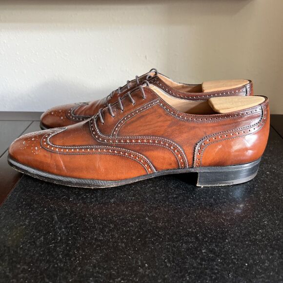 SALVATORE FERRAGAMO Men's Wingtip Oxford Leather Shoes 11 B Cognac Brown Italy - Picture 3 of 16